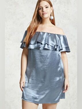 Forever 21 Metallic Off-Shoulder Ruffle Mini Dress in Silver-Blue